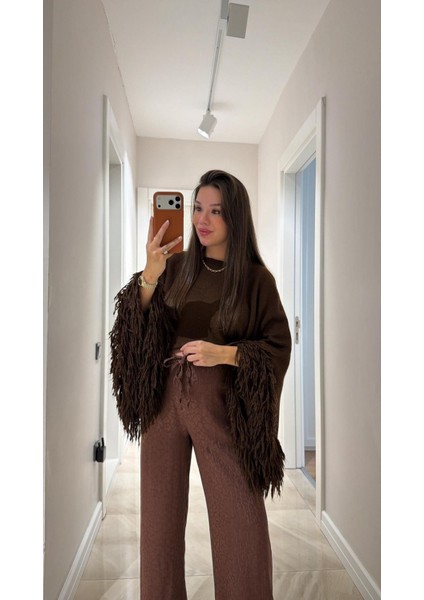 Kadın Püsküllü Triko Kazak Kahverengi fiyatları