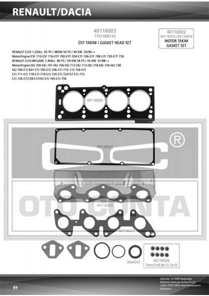 Mtxdpn Üst Takim Contasi R19-CLIO 1.4 Enj. Keçeli Subap Lastikli Skc Std