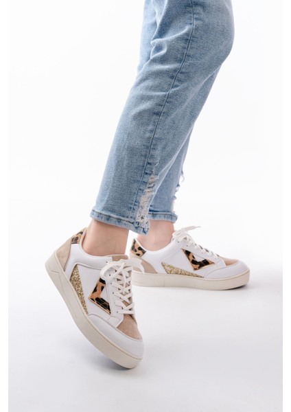 Zrin-01 Premium Beyaz Leopar Desenli Bağcıklı Kadın Sneaker