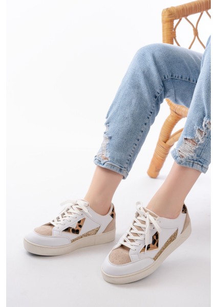 Zrin-01 Premium Beyaz Leopar Desenli Bağcıklı Kadın Sneaker fiyatları