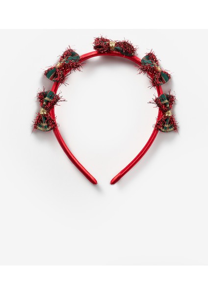 Kırmızı Ekoseli Küçük Fiyonk Detaylı Kız Çocuk Yılbaşı Taç