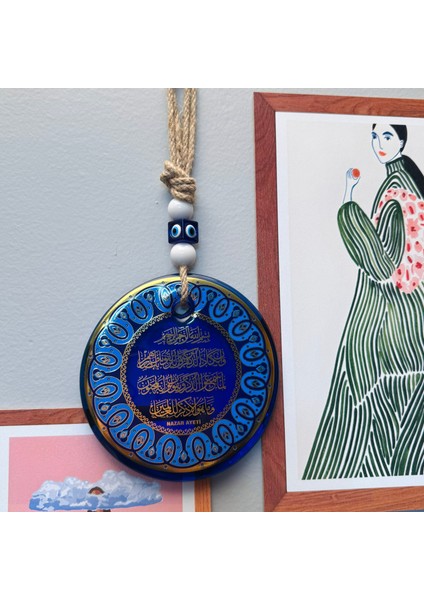 El Yapımı Hediyelik Cam Nazar Boncuklu, Nazar Ayeti, 14 cm Duvar Süsü