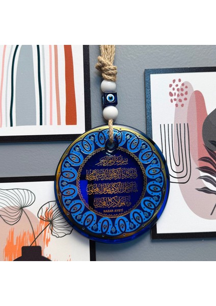 El Yapımı Hediyelik Cam Nazar Boncuklu, Nazar Ayeti, 14 cm Duvar Süsü