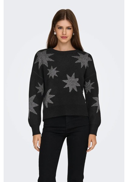 Kadın Onlrosıe Yıldız Desenli Bisiklet Yaka Örme Kazak 15328250 Siyah