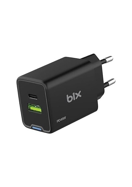 Bix BX2P46G Gan Pd 45W Type-C ve Usb-A Qc 18W Çift Portlu Akım Korumalı Hızlı Şarj Cihazı (Siyah)