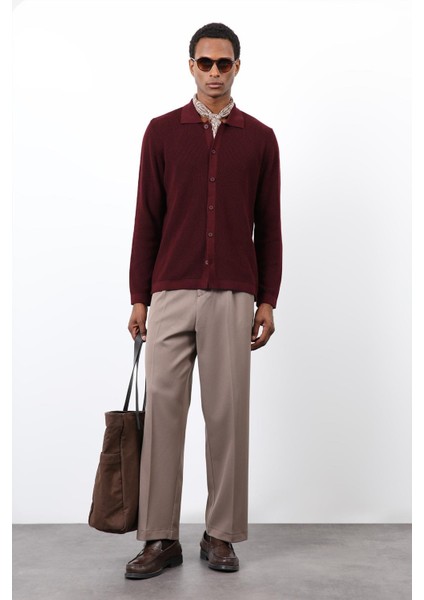 Bordo Ince Örgü Triko Erkek Hırka