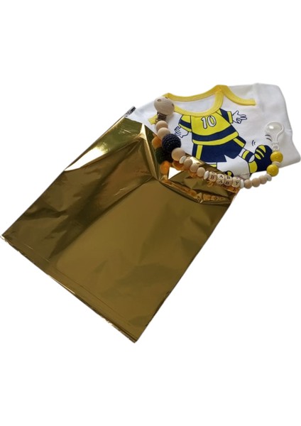 Hoşgeldin Bebek, Yenidoğan Unisex Bebek, Sarı Lacivert Fanatik Taraftar Badi ve Isimli Emzik Askısı Hediye Seti indirimleri