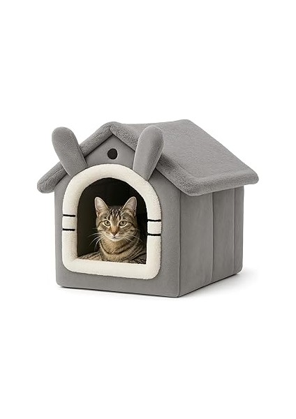 Kedi Evi Yumuşak Kedi Yatağı | Peluş Derin Uyku Evi, Çıkarılabilir Minderli, Isı Yalıtımlı Kışlık E