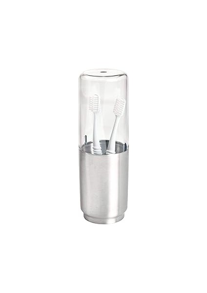 Idesign Austin Diş Fırçası Tutucu, Metal ve Plastik, Kapaklı Diş Fırçası Standı, Şeffaf/mat Gümüş R