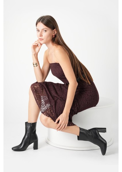 Bestyle Gerçek Deri Siyah Fermuarlı Topuklu Bot