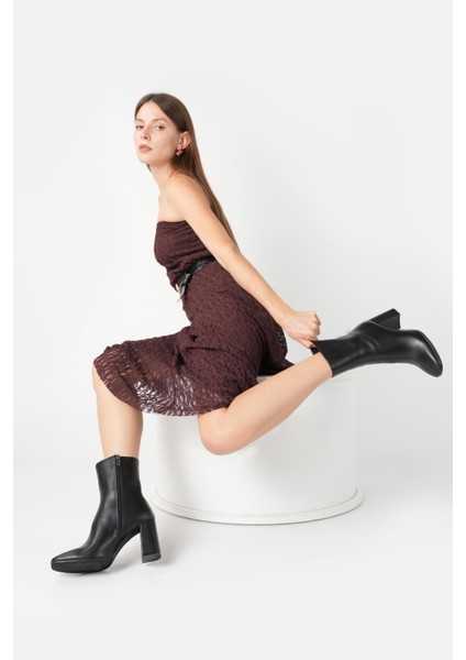 Bestyle Gerçek Deri Siyah Fermuarlı Topuklu Bot