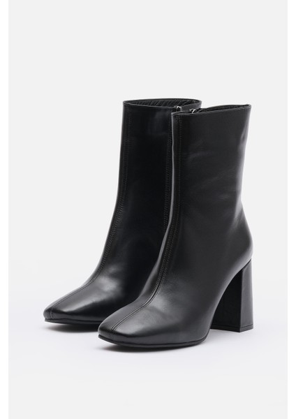 Bestyle Gerçek Deri Siyah Fermuarlı Topuklu Bot