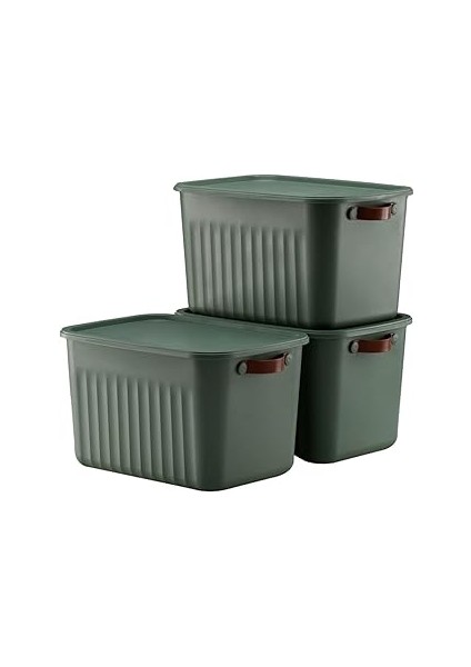3 Adet Kapaklı Saklama Kutusu Seti -15 Litre – Yeşil- Taşınabilir Kulplu, Dolap Içi Düzenley