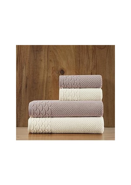 Soley | Alana | Extra Yumuşak Pamuklu Pirinç Örgü 4'lü Havlu Seti Krem-Bej