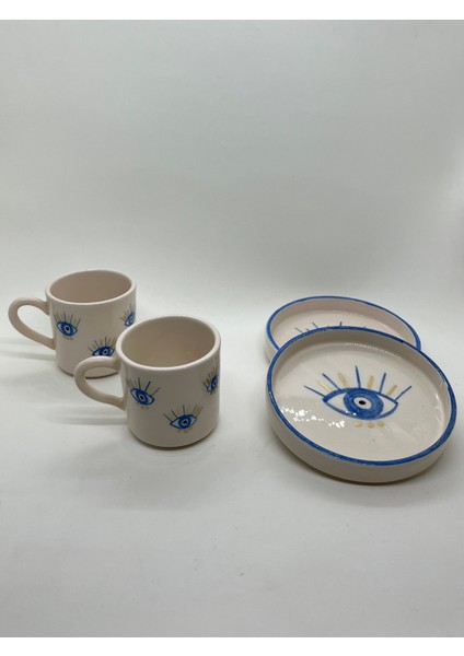 Nazar Göz Desenli Gold Işlemeli El Yapımı Seramik 2'li Türk Kahvesi Fincan Takımı