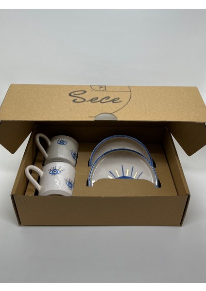 Nazar Göz Desenli Gold Işlemeli El Yapımı Seramik 2'li Türk Kahvesi Fincan Takımı