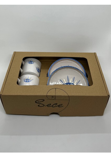 Nazar Göz Desenli Gold Işlemeli El Yapımı Seramik 2'li Türk Kahvesi Fincan Takımı