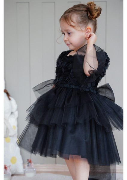 Kız Bebek Elbise Uzun Kollu Fiyonklu Güllü Tütü Doğum Günü Parti Düğün Özel Gün Abiye Çocuk Elbise ALY1023