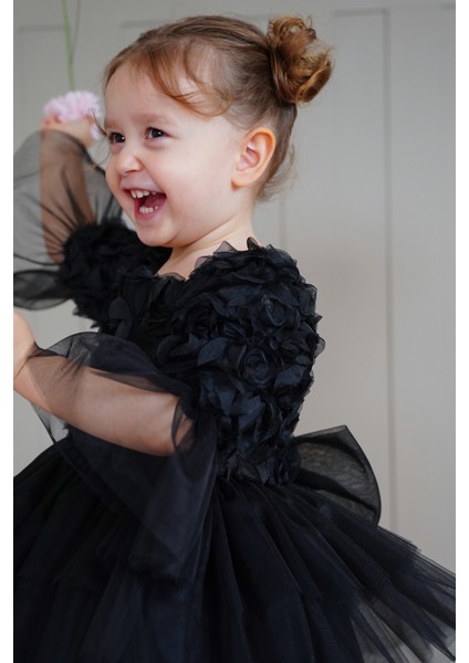 Kız Bebek Elbise Uzun Kollu Fiyonklu Güllü Tütü Doğum Günü Parti Düğün Özel Gün Abiye Çocuk Elbise ALY1023