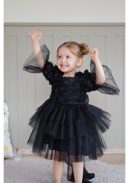 Kız Bebek Elbise Uzun Kollu Fiyonklu Güllü Tütü Doğum Günü Parti Düğün Özel Gün Abiye Çocuk Elbise ALY1023