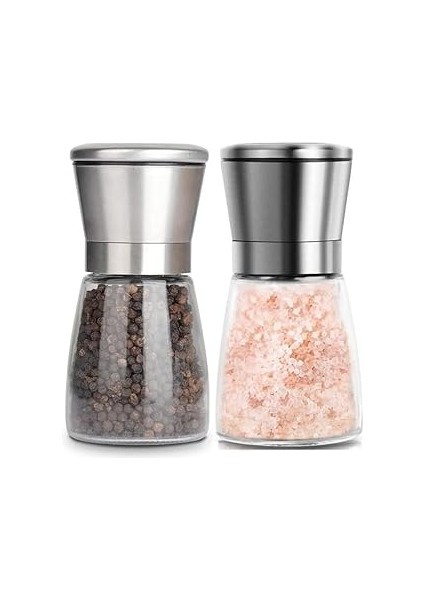 Cam Gövdeli Metal Krom Renk Kapaklı Tuz Karabiber Değirmeni Tuz Karabiber Öğütücü 13 cm 2 Adet