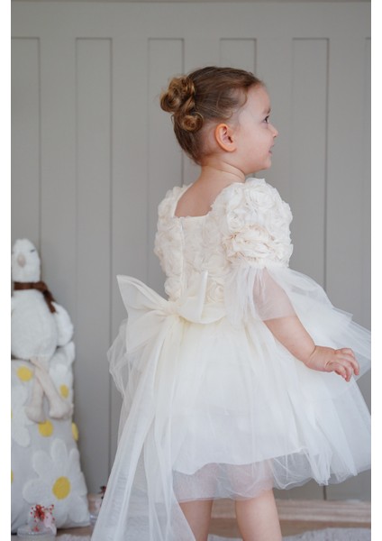 Kız Bebek Elbise Uzun Kollu Fiyonklu Güllü Tütü Doğum Günü Parti Düğün Özel Gün Abiye Çocuk Elbise ALY1023