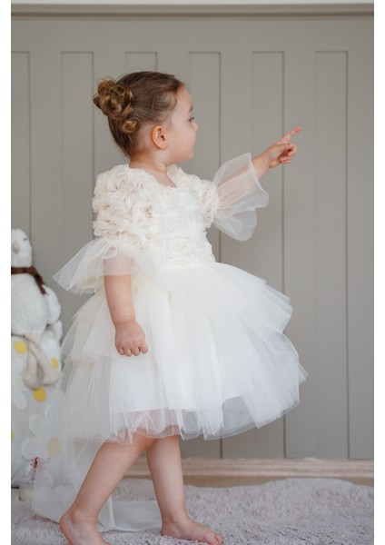Kız Bebek Elbise Uzun Kollu Fiyonklu Güllü Tütü Doğum Günü Parti Düğün Özel Gün Abiye Çocuk Elbise ALY1023
