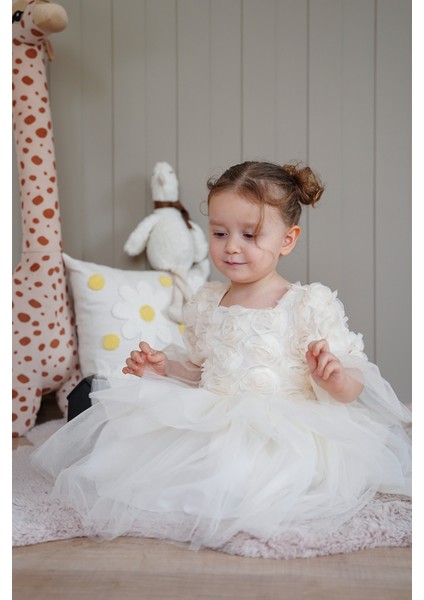 Kız Bebek Elbise Uzun Kollu Fiyonklu Güllü Tütü Doğum Günü Parti Düğün Özel Gün Abiye Çocuk Elbise ALY1023