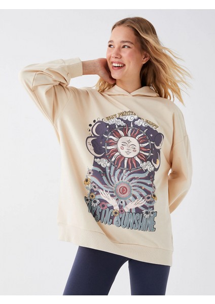 Lcw Vision Bej Baskılı Uzun Kollu Oversize Kadın Hoodie