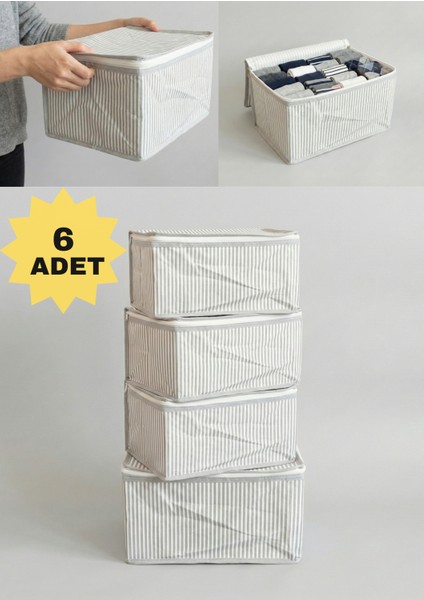 6'lı Gri Çizgili Çorap Hurcu | Çok Amaçlı Dolap Içi ve Çekmece Içi Düzenleyici 29X24X17 cm