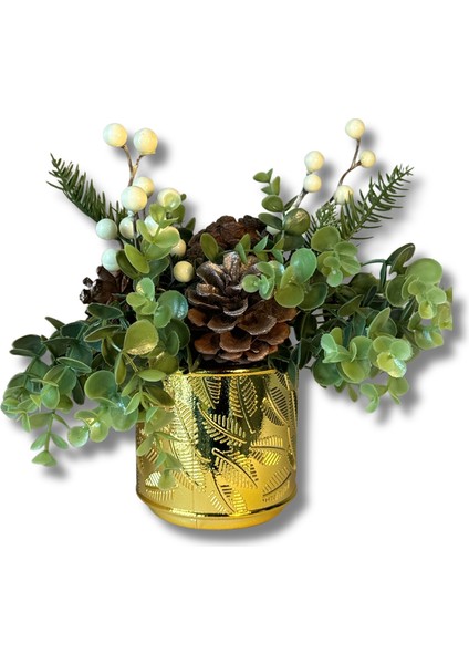 Parlak Saksıda Dekoratif Kozalak Detaylı Beyaz Süş, Şık ve Doğal Görünüm Sağlar.