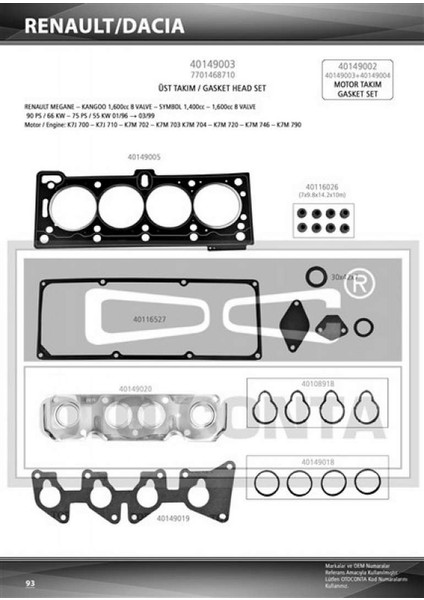 Mtxdpn Üst Takim Contasi Mgn-Clio Symbol 1.6 8V K7J/K7M Keçeli Skc Std Subap Lastikli
