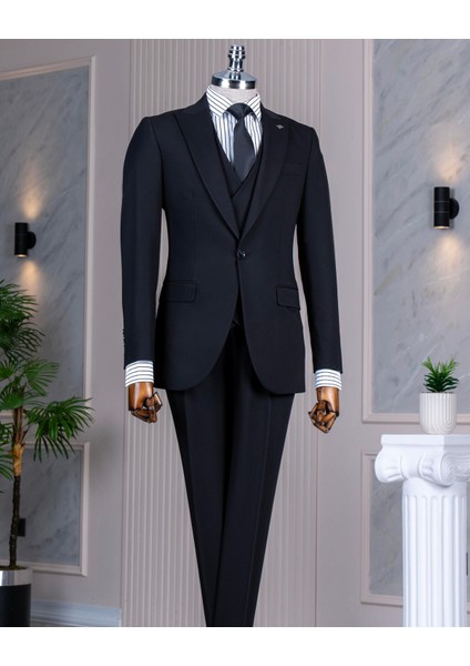 İtalyan stil ceket yelek pantolon takım elbise Siyah T8614