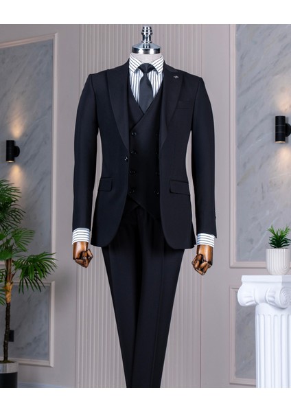İtalyan stil ceket yelek pantolon takım elbise Siyah T8614