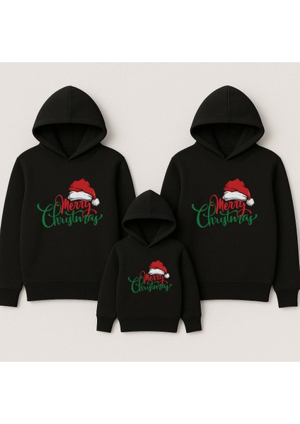 Yeni Yıl Noel Yılbaşı Christmas Baskılı Anne Baba Çocuk Kombin Kapşonlu Sweatshirt