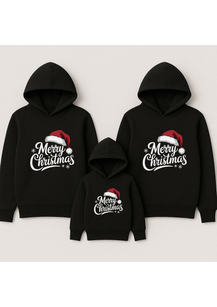 Yeni Yıl Noel Yılbaşı Christmas Baskılı Anne Baba Çocuk Kombin Kapşonlu Sweatshirt