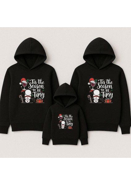 Yeni Yıl Noel Yılbaşı Christmas Baskılı Anne Baba Çocuk Kombin Kapşonlu Sweatshirt