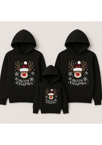Yeni Yıl Noel Yılbaşı Christmas Baskılı Anne Baba Çocuk Kombin Kapşonlu Sweatshirt