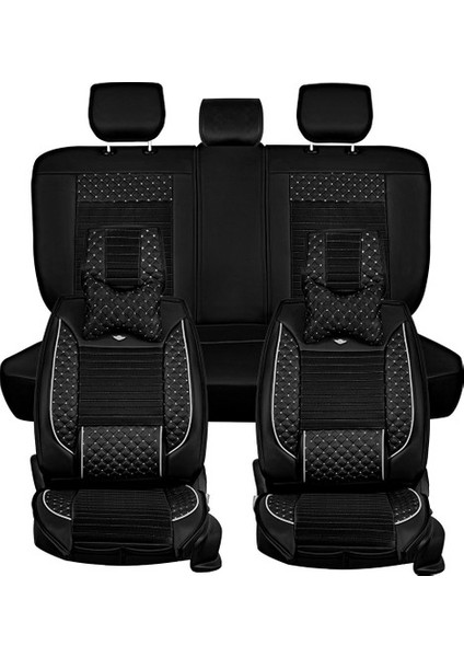 Aldysm Tata Telcoline Lüx Deri Oto Koltuk Kılıfı Ön Arka Takım (Elit) Siyah Beyaz Nakış