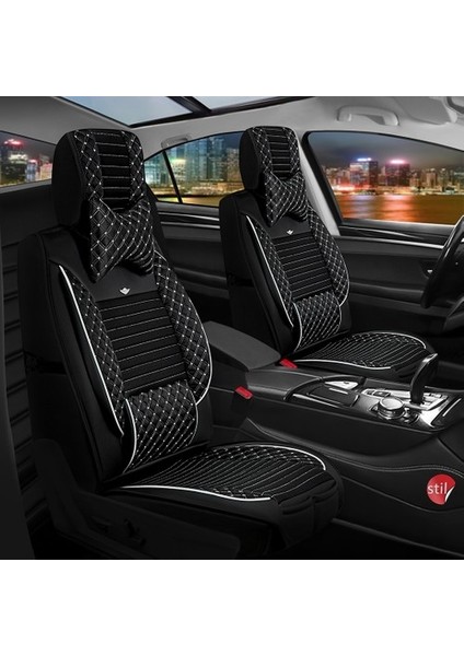 Aldysm Tata Telcoline Lüx Deri Oto Koltuk Kılıfı Ön Arka Takım (Elit) Siyah Beyaz Nakış modelleri