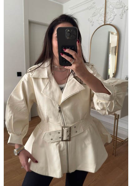 Bel Büzgülü Kemer Detay Vintage Deri Ceket- Krem