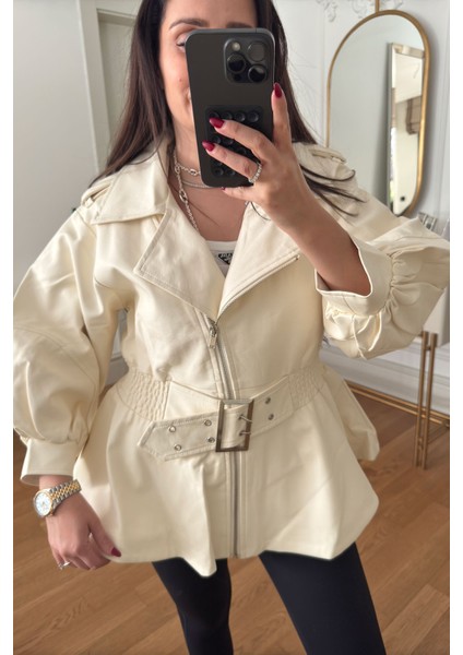 Bel Büzgülü Kemer Detay Vintage Deri Ceket- Krem modelleri