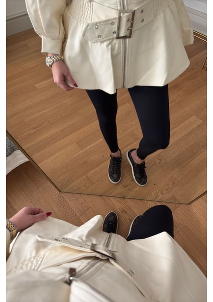 Bel Büzgülü Kemer Detay Vintage Deri Ceket- Krem fırsatları