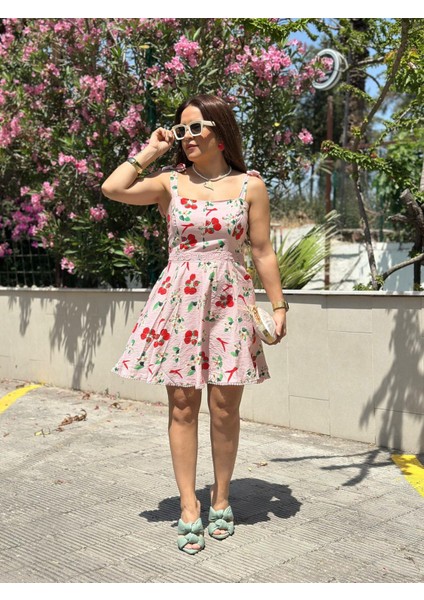 Kirazlı Dantel Işlemeli Pembe Elbise modelleri