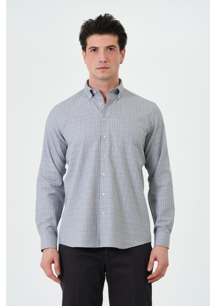Erkek Gri Ekose Cepli Regular Fit Düğmeli Yaka Uzun Kol Gömlek