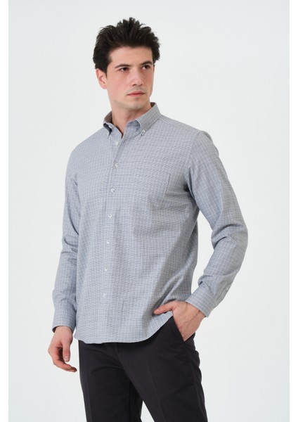 Erkek Gri Ekose Cepli Regular Fit Düğmeli Yaka Uzun Kol Gömlek fiyatları