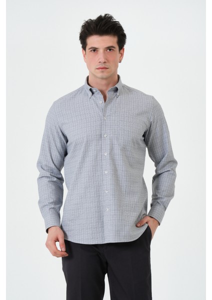 Erkek Gri Ekose Cepli Regular Fit Düğmeli Yaka Uzun Kol Gömlek modelleri