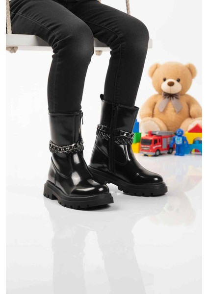 Siyah Rugan Içi Polarlı Kaymaz Kız Çocuk Çizme Duru F