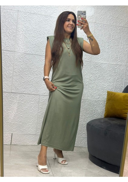 Yeşil Vatkalı Modal Kumaş Elbise