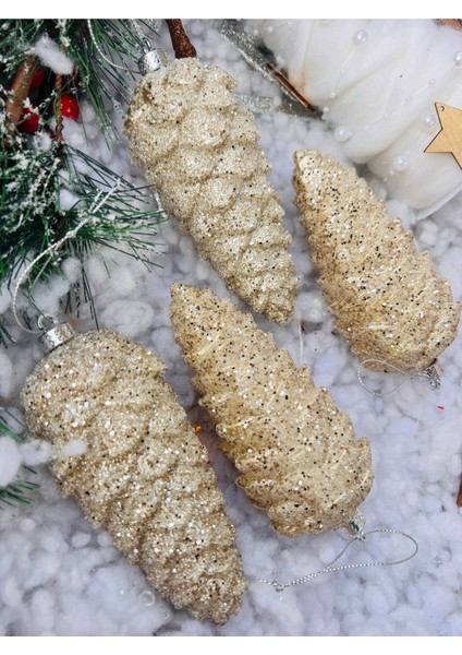 Gri 14 cm Kozalak Yılbaşı Ağacı Süsü, 4'lü Lüx Set